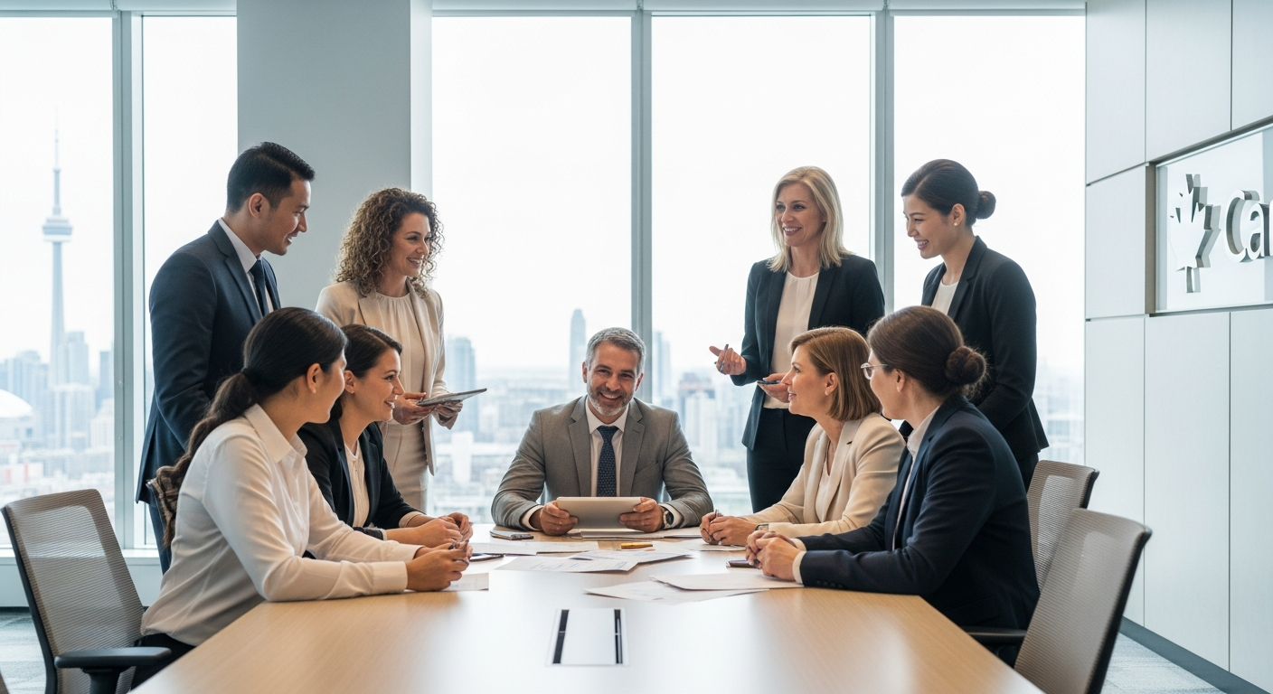 Diverse team of professionals collaborating in a Canadian office