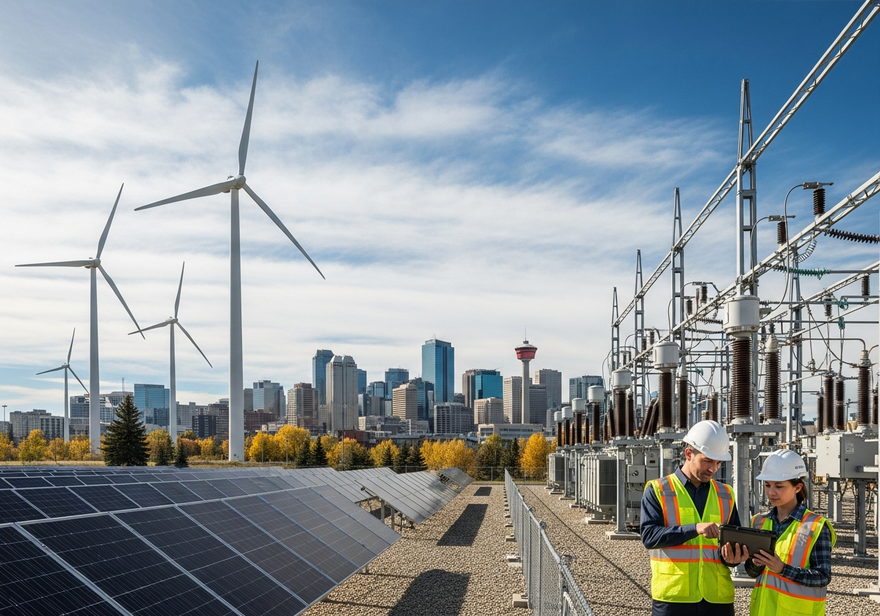 Wind turbines, solar panels and power infrastructure with the Calgary skyline