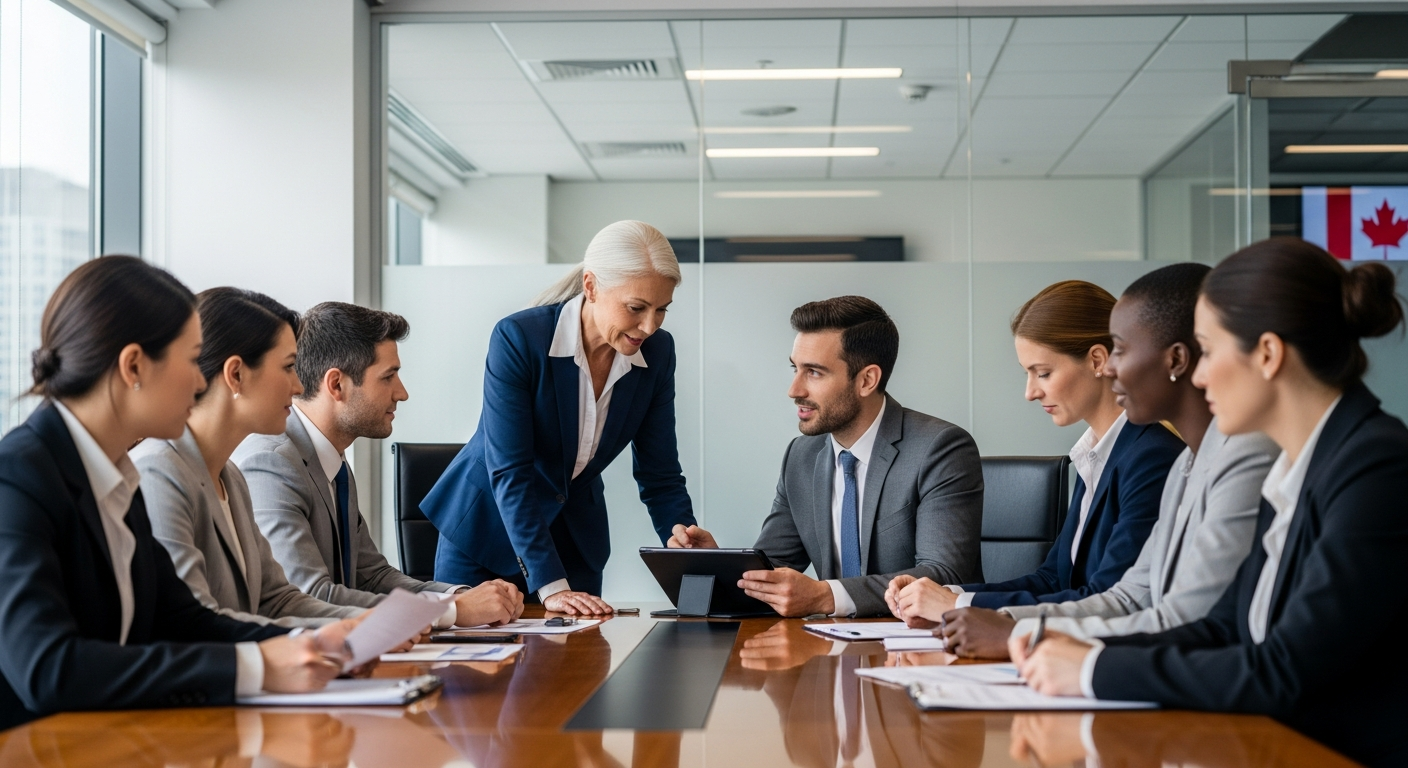 Canadian business leaders mentoring in a boardroom meeting